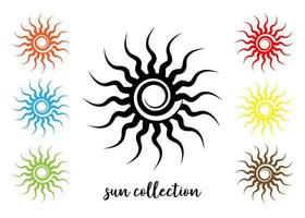 Set colorful Tribal Sun Tattoo Sonnenrad Symbol, sun wheel sign. Summer icon. The ancient European esoteric element. Logo Graphic element spiral shape. Vector design isolated or white background