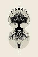 árbol sagrado y luna creciente. diosa triple fases lunares místicas, árbol de la vida, geometría sagrada. madre tierra wicca banner viejo signo, círculo de energía, vector de estilo boho aislado en fondo vintage