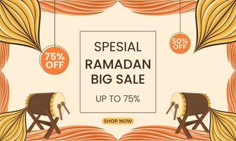 Banner ramadan sale. Background banner ramadan promotion. Ramadan sale theme banner template with unique shapes in yellow and brown. vector