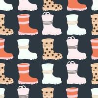 Seamless pattern with cute rubber boots. Multicolored funny repeating background. Home gardening concept. Hand drawn vector illustration in cartoon style