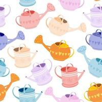 Seamless pattern with cute multicolored watering can. Repeating background with garden tools. Home gardening concept. Hand drawn vector illustration in cartoon style