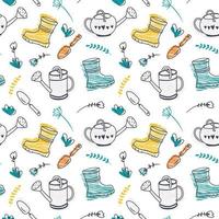 Spring seamless pattern with cute garden tools. Repeating background with watering can, shovel, rubber boots and flowers. Gardening concept. Hand drawn vector illustration