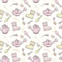 Spring seamless pattern with cute garden tools. Repeating background with watering can, shovel, rubber boots and flowers. Gardening concept. Hand drawn vector illustration