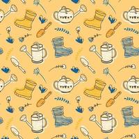 Spring seamless pattern with cute garden tools. Repeating background with watering can, shovel, rubber boots and flowers. Gardening concept. Hand drawn vector illustration