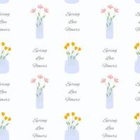 Floral elegance spring pattern with flowers in vase. Simple trendy flat style. Suitable for gift paper, textile, wrapping paper for florist. Romantic and lovely background. Seamless texture. vector