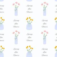 Floral elegance spring pattern with flowers in vase. Simple trendy flat style. Suitable for gift paper, textile, wrapping paper for florist. Romantic and lovely background. Seamless texture. vector