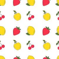 Seamless pattern with colorful fresh fruits apple, lemon, strawberry and cherry. Vector illustrations for gift wrap, textile, printing. Cute summer pattern in trendy style.