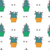 Cacti. Seamless vector pattern with cute cartoon cactus and hearts. Romantic and love print for gift paper, textile. Succulents in smiling flowerpots. Trendy modern design.