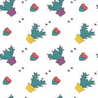 Seamless pattern with cactus in pot and hearts. Vector illustrations for gift wrap, textile, printing. Romantic and lovely background with cartoon cacti. Succulents in flowerpots. Mexican style.