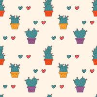 Vector seamless pattern with succulents and cactuses in pots with hearts. Illustration for wallpaper, gift paper and textile. Romantic and lovely background with cartoon cacti.