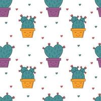 Seamless pattern with cactus in pot and hearts. Vector illustrations for gift wrap, textile, printing. Romantic and lovely background with cartoon cacti. Succulents in flowerpots. Mexican style.