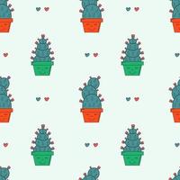 Vector seamless pattern with succulents and cactuses in pots with hearts. Illustration for wallpaper, gift paper and textile. Romantic and lovely background with cartoon cacti.