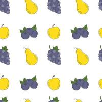 Seamless pattern with colorful fresh fruits pear, grape, blueberry, apple. Vector illustrations for gift wrap, textile, printing. Cute summer pattern in trendy style.