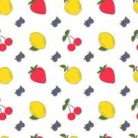 Seamless pattern with colorful fresh fruits apple, lemon, blueberry and cherry. Vector illustrations for gift wrap, textile, printing. Cute summer pattern in trendy style.