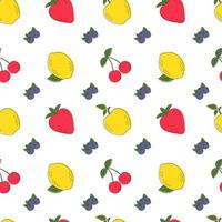 Seamless pattern with colorful fresh fruits apple, lemon, blueberry and cherry. Vector illustrations for gift wrap, textile, printing. Cute summer pattern in trendy style.