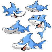 una colección de lindos dibujos animados de tiburones con una variedad de estilos y poses únicos vector