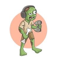 ilustración de un lindo jugador de juegos de zombies sosteniendo un palo de juego y un hueso usando auriculares con expresión aburrida vector