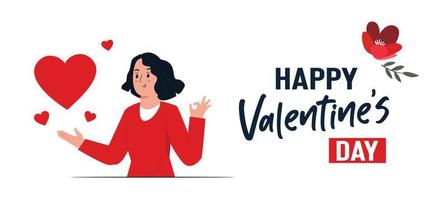 valentine's day woman raising hand with floating heart vector