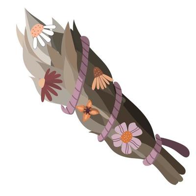 Green smudge bundle with  wild flowers on white background