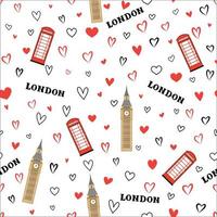 Travel London city seamless pattern with love hearts and red cabins. British landmark wallpaper.  European England vacation background vector