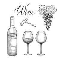 Wine set. Drink wine. Cafe bar menu banner. Wine glass, bottle, lettering. Wine card background vector