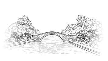 puente en el parque. vista del horizonte paisaje de jardín de la ciudad vieja. grabado de fondo de naturaleza retro. ilustración de vector de arte de línea artística.