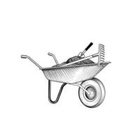 Garden cart with humus and garden tools. Wheelbarrow engraving. Gardening care sign. vector