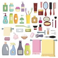 Beauty care related object set. Hygiene symbols. Bath supplies, shower, tooth care, brushes, towel and razors. vector