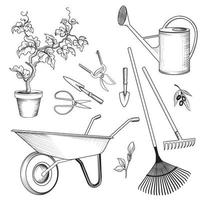 Garden tools set. Gardening plant, watering can, wheelbarrow, rake, shovel, spade, cart engraved signs vector