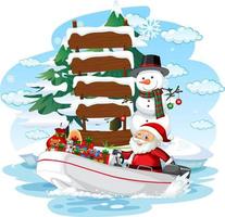 Snowy day with Santa Claus delivering gifts by boat vector