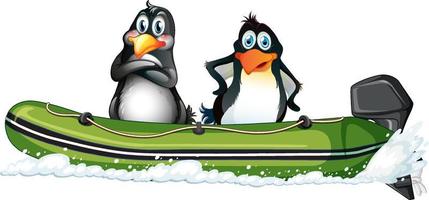 Penguins on a speed boat in cartoon style vector