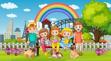 Children playing with their animals at the park vector