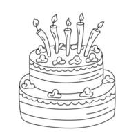 Two-tier birthday cake with candles in doodle style. vector