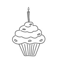 Cupcake with candle in doodle style. vector