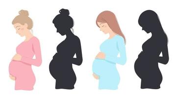 mamá embarazada, ilustración en color y silueta vector