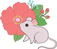 ratoncito parado frente a un racimo de flores vector