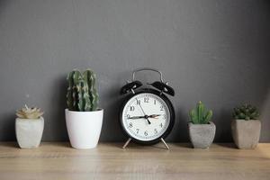 Alarm clock with succulents and cactus plants in pots on wooden table with grey background. Potted indoor house plants. Modern minimalist interior. photo