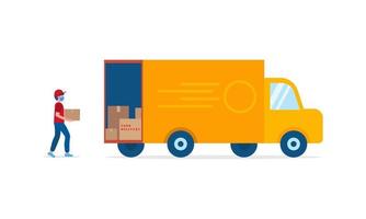 Online delivery service concept, delivery home and office. Express delivery courier in uniform loads boxes with orders into car. Truck, delivery man in respiratory mask vector