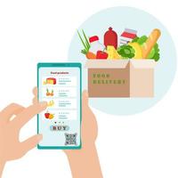 Online food ordering and delivery service . Hand holds smartphone with app for online ordering and food delivery. BUY button, QR-code. E-commerce concept. Mobile App vector