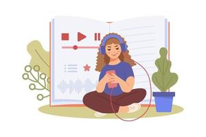 Girl with headphones listens to an audiobook through an mobile app on her phone. Electronic library. Concept of digital online books. Reading, distance learning, education vector