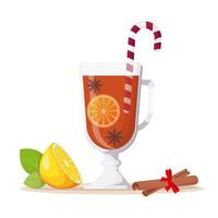 Winter christmas hot drink Grog, beautiful glass on stem, slice of lemon, anise stars, cinnamon stick vector