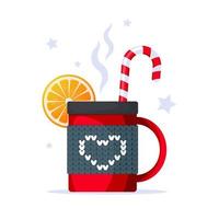 Red cup of hot chocolate, coffee, tea, decorated with candy cane and slice of lemon. Knitted cup cover, embroidered heart. Hot winter drink vector