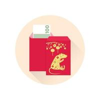 Chinese New Year red envelope flat icon. Vector. Red packet with gold rat and lanterns. Chinese New Year 2020 year of the rat. vector