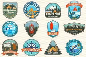 Set of sailing camp and summer camp patches. Vector. Concept for shirt, print, stamp or tee. Design with sea anchors, hand wheel, sailboat , camping tent and campfire silhouette.