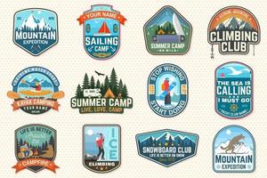 Set of sailing camp, canoe and kayak club patches. Vector. Concept for shirt, print, stamp or tee. Outdoor adventure patches. vector