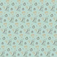 Seamless pattern with chess pieces and cups. Texture with different elements in doodle style. vector