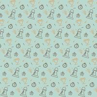 Seamless pattern with chess pieces and cups. Texture with different elements in doodle style. vector