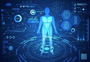 concepto de ciencia de tecnología abstracta elementos de interfaz de hud digital de salud de datos humanos de análisis de medicina innovación de huellas dactilares, cerebro, adn y porcentaje de vitalidad en el fondo de diseño futuro de alta tecnología vector