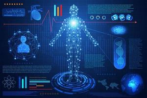 tecnología abstracta ui concepto futurista interfaz hud elementos de holograma de gráfico de datos digitales, comunicación, computación, cuerpo humano cuidado de la salud digital diseño de futuro de salud sobre fondo de alta tecnología. vector