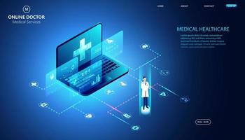 concepto abstracto de servicios médicos de médicos en línea la industria actual de atención médica que tiene acceso a Internet y al mundo en línea que ayuda a las personas a obtener acceso al tratamiento. en línea. vector